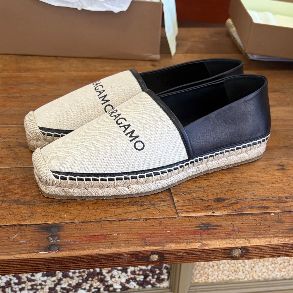 Women’s Ferragamo Beige Canvas and Black Leather Espadrilles